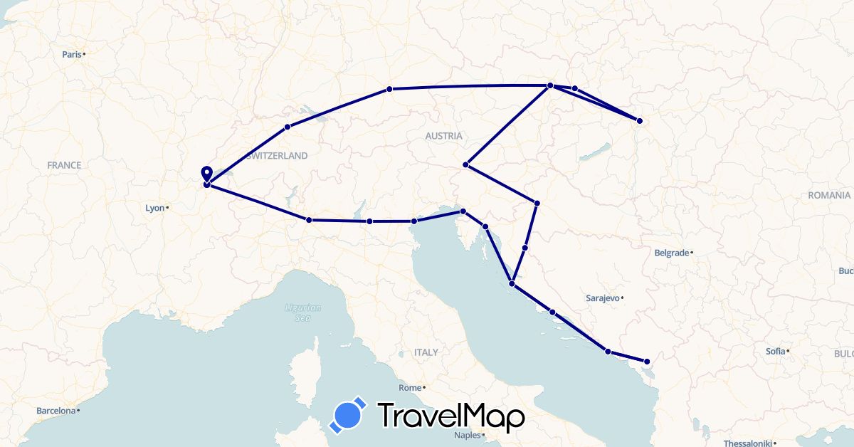 TravelMap itinerary: driving in Austria, Switzerland, Germany, Croatia, Hungary, Italy, Montenegro, Slovakia (Europe)